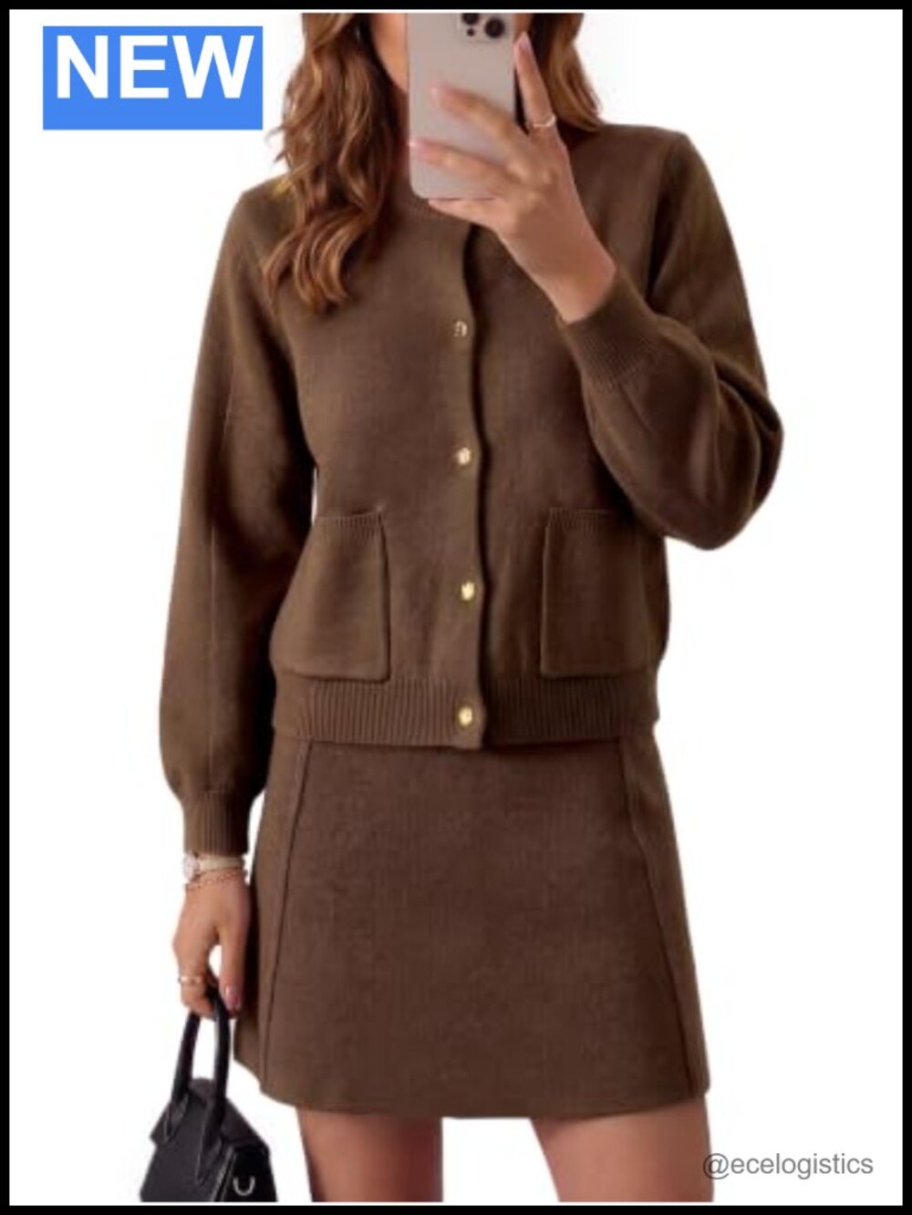 Womens Knit 2 Piece Skirt Set Cardigan Lantern Sleeve Button Down Fall Matching